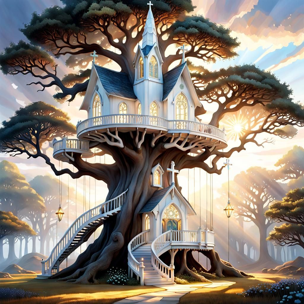 Magical Fairy Treehouse Church in Forest, Rococo Style