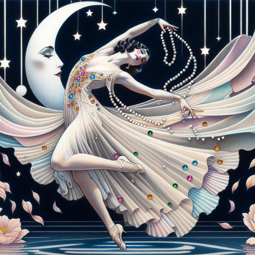 Art Deco Dancer in Night Sky: Colored Pencil Illustration