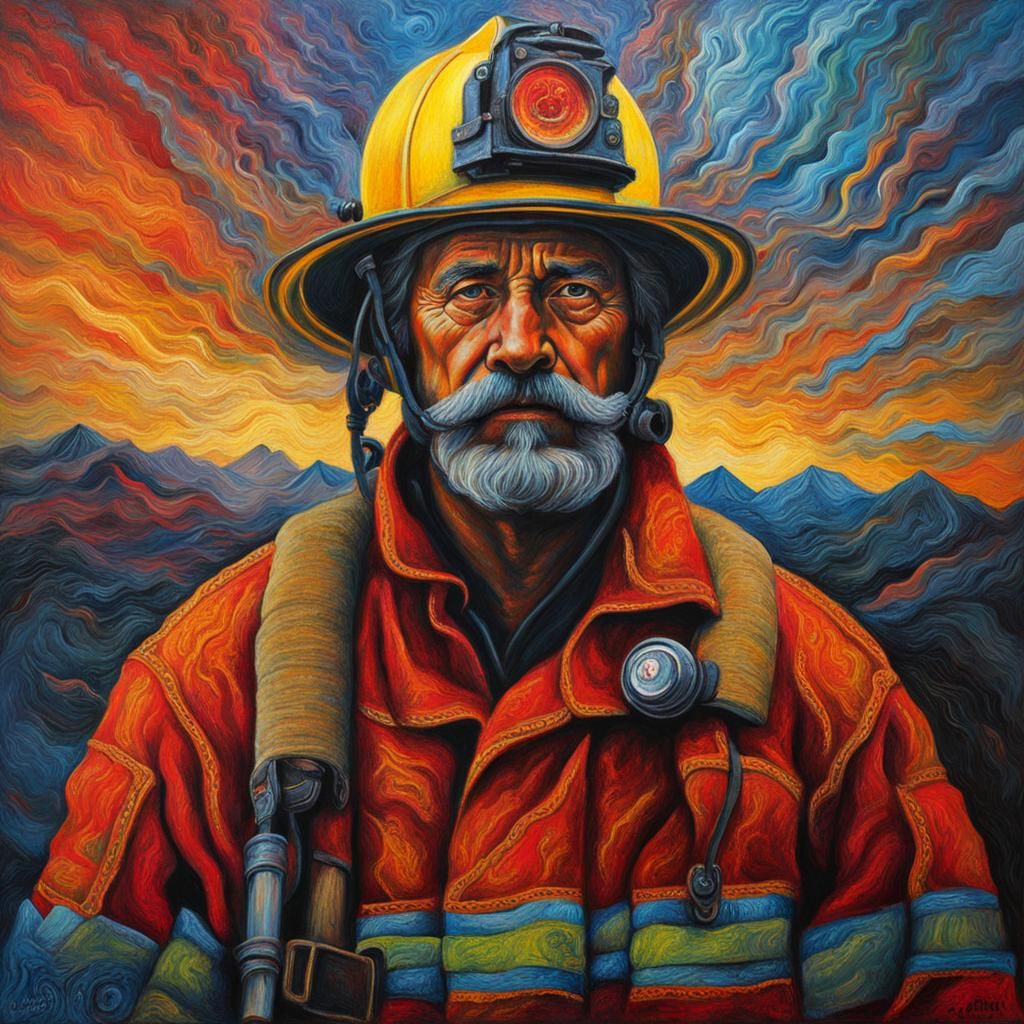 Surreal Fireman Portrait in Art Nouveau Style