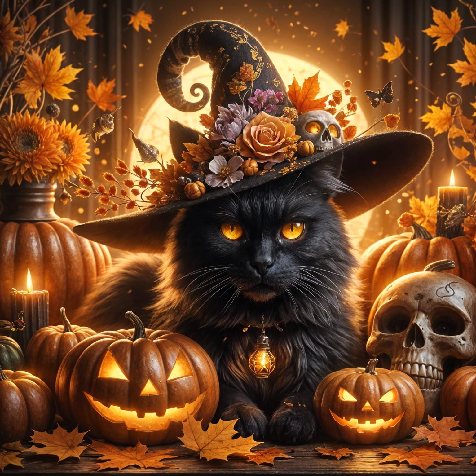 Enchanting Black Cat in Autumn Halloween Scene