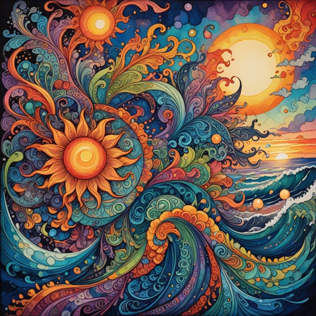 Surreal Oceanfront Landscape in Vibrant Abstract Style