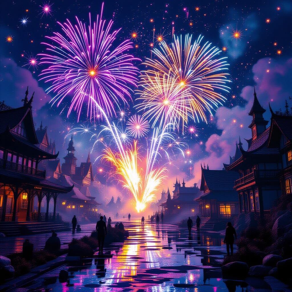 Mystical Village Fireworks in Surreal Oil Painting Style