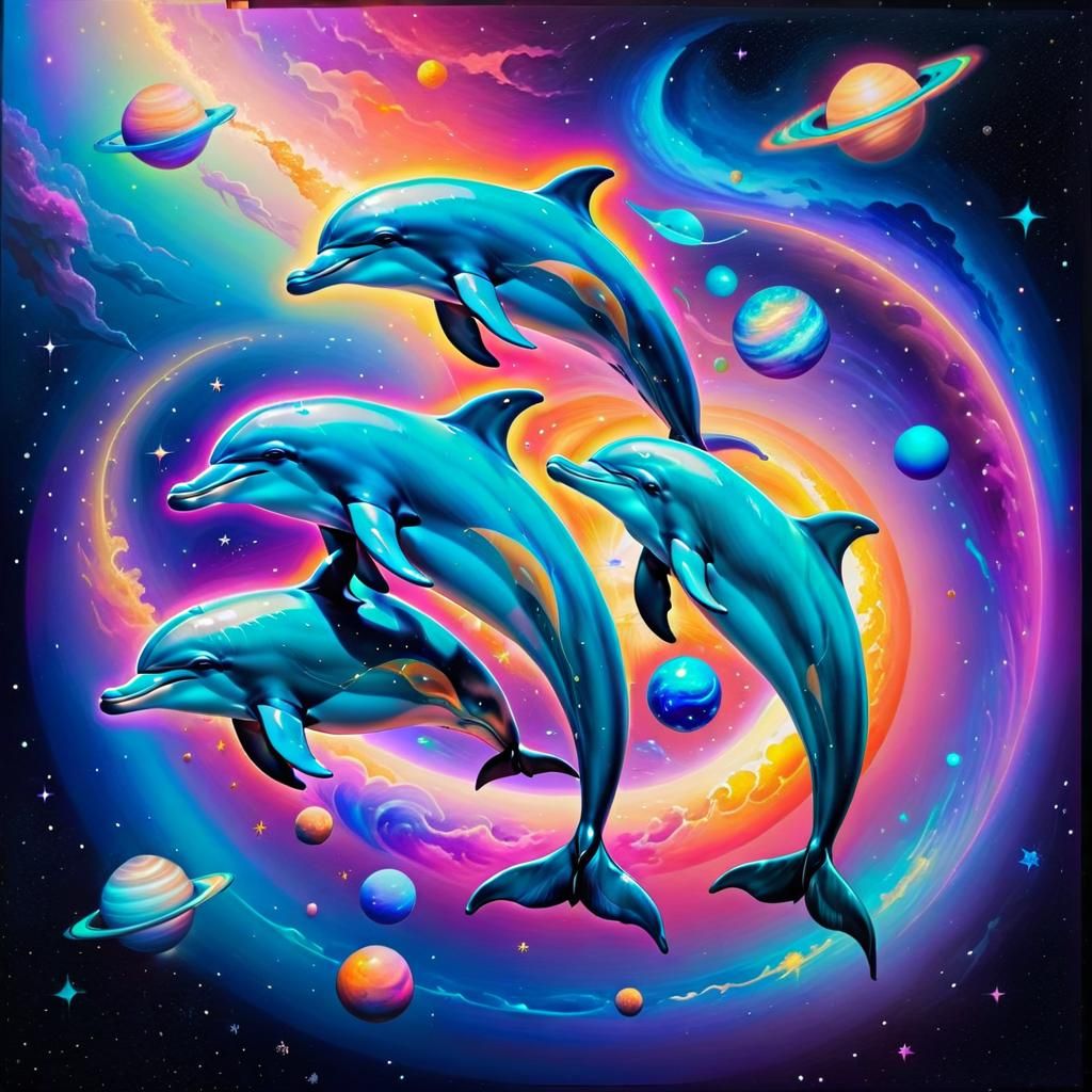 Cosmic Dolphins Dancing in Space with Neon Glow