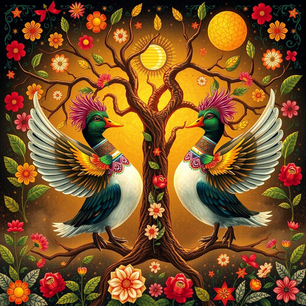 Dancing Ducks in Folk Attire with Intricate Details