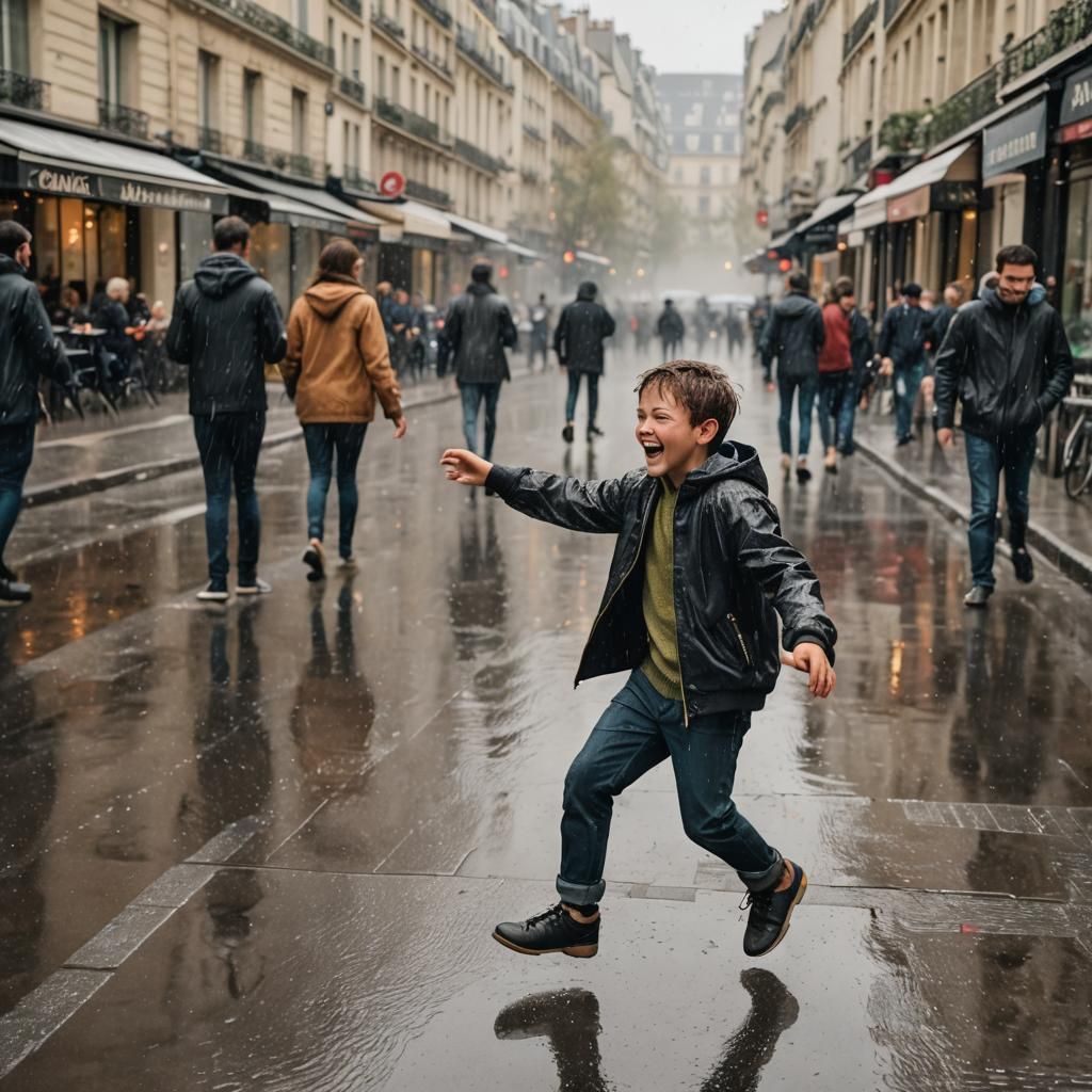 Happy Boy Dancing in Rainy Paris Street