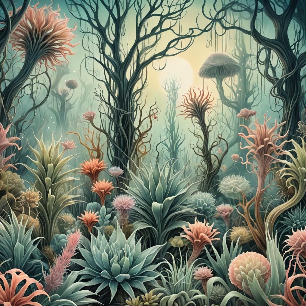 Surreal Garden with Fantastical Creatures, Dreamlike Illustr...