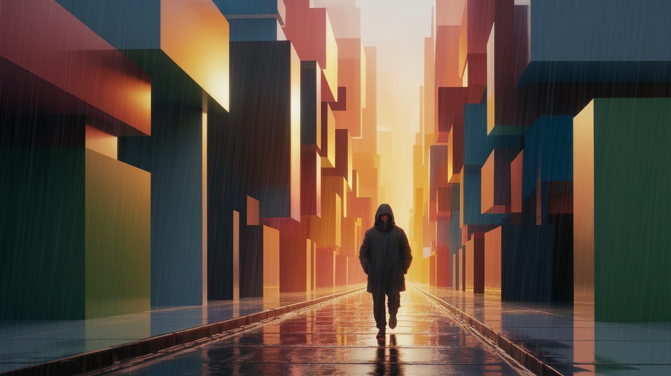 Abstract Cubist Cityscape at Sunset with Lone Figure