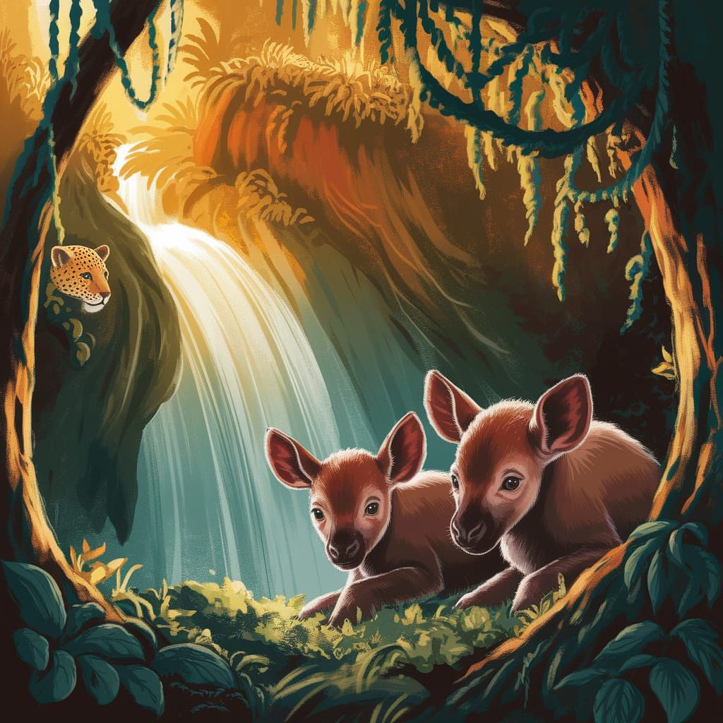 Okapi in Rainforest Illustration, Arthur Rackham Style