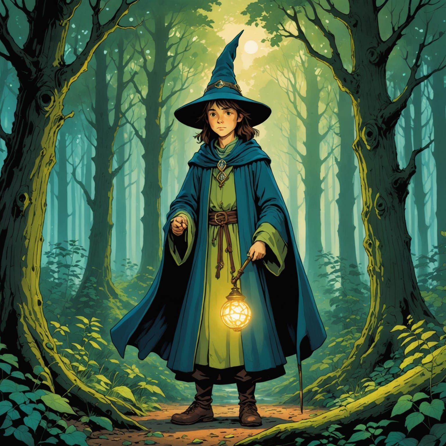 Young Wizard in Enchanted Forest: Ghibli-esque Fantasy Art