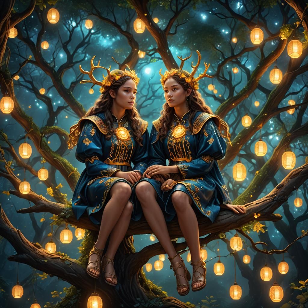 Gemini Zodiac Sisters in Mystical Forest