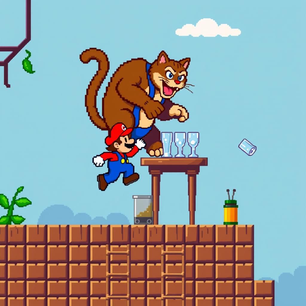 8 bit Pixel art. Original side scrolling nintendo NES donkey...