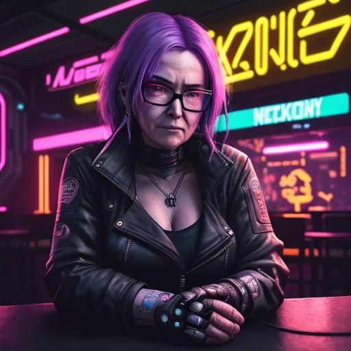 Elderly Woman in Cyberpunk Cafe with Neon Lights