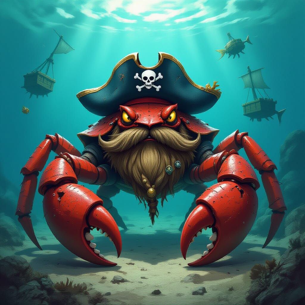 Massive Crimson Pirate Crab with Hook Claw and Seaweed Beard