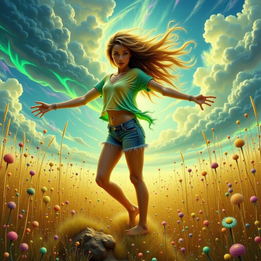 Woman Dancing in Meadow with Circuit Overlay
