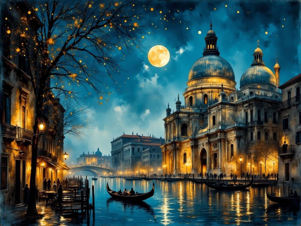 Venice Night Scene with Gondola in Ethereal Style