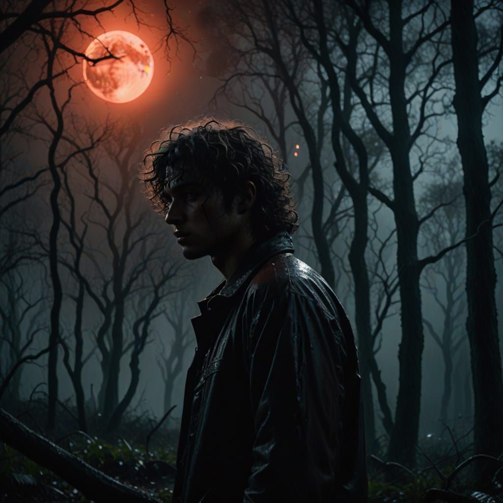 Ethereal Teen Boy Stands Alone in a Haunting Moonlit Forest