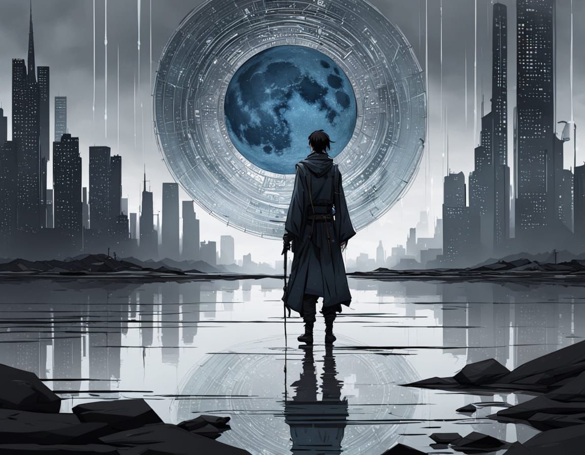 Metallic Cityscape Sculpture Under Blue Moon