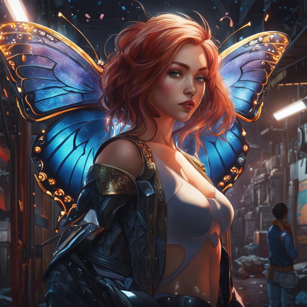 Cyborg Woman with Butterfly Filigree in City Alley