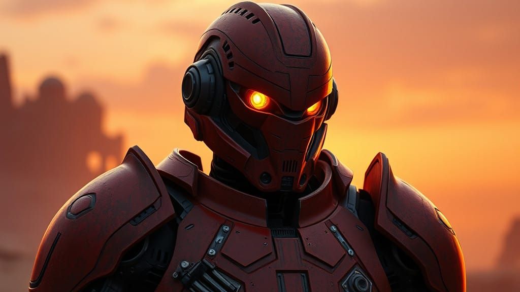 Menacing Android Bounty Hunter in Rusty Red Armor
