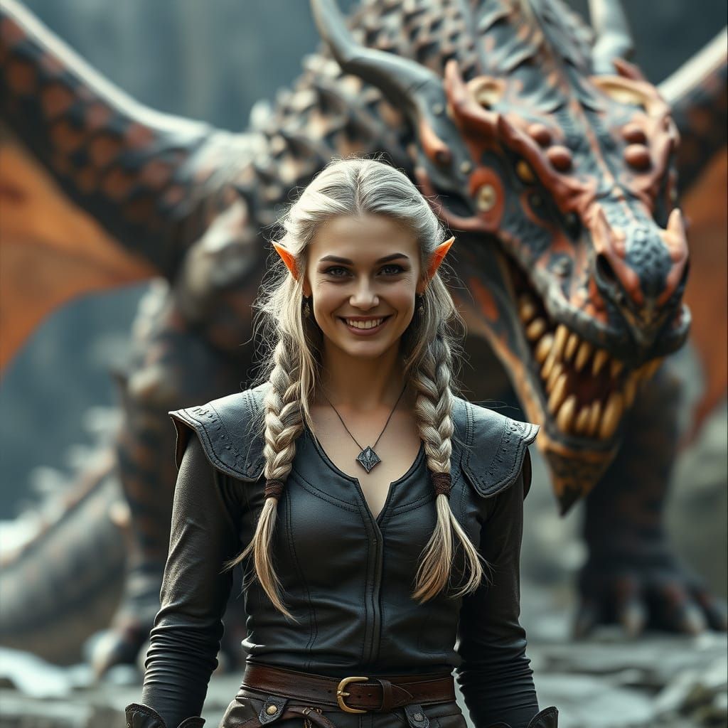 Ethereal Elf Warrior Faces Fearsome Dragon in Cinematic Film...