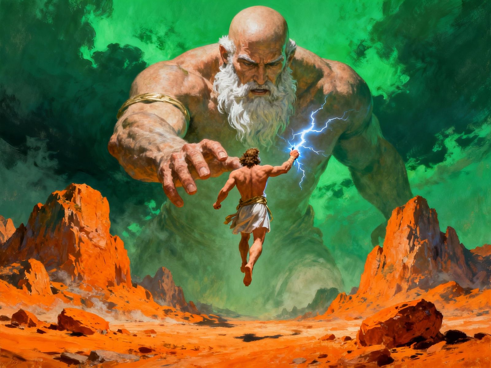 Zeus Battles Colossal Titan in Dramatic Fantasy Landscape