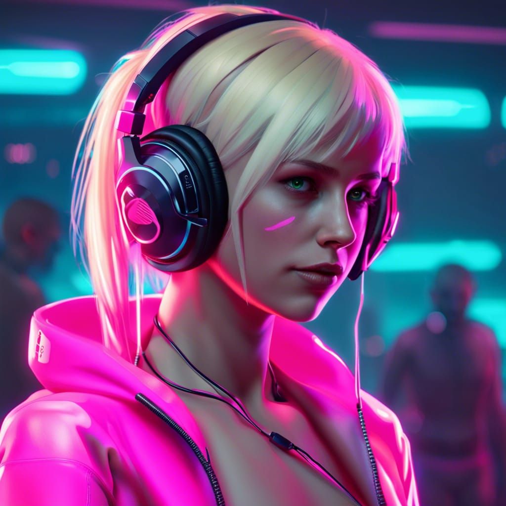 Blonde Girl in Pink Bikini with Cyberpunk Neon