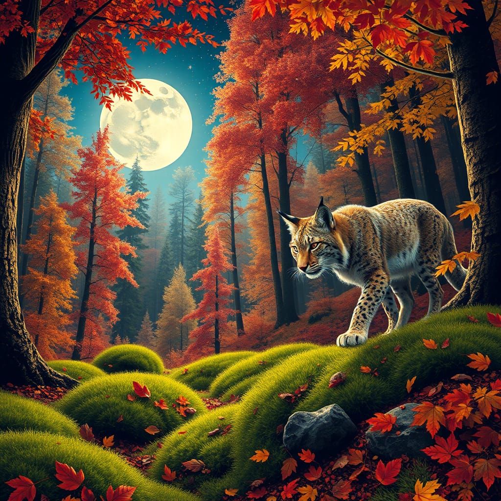 Lynx Prowling in Autumnal Forest Scene