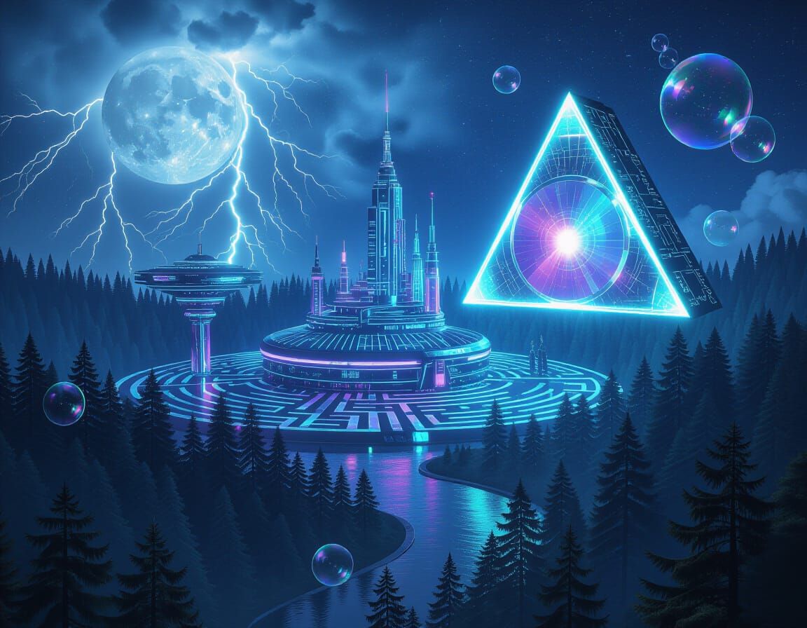 Futuristic Lunar Forest City with Neon Thunderstorm