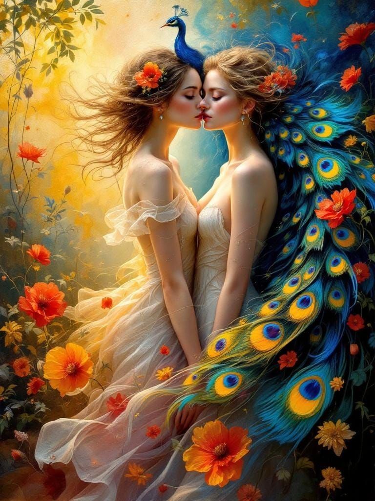 Ethereal Figures with Peacock in Surreal Van Gogh Style