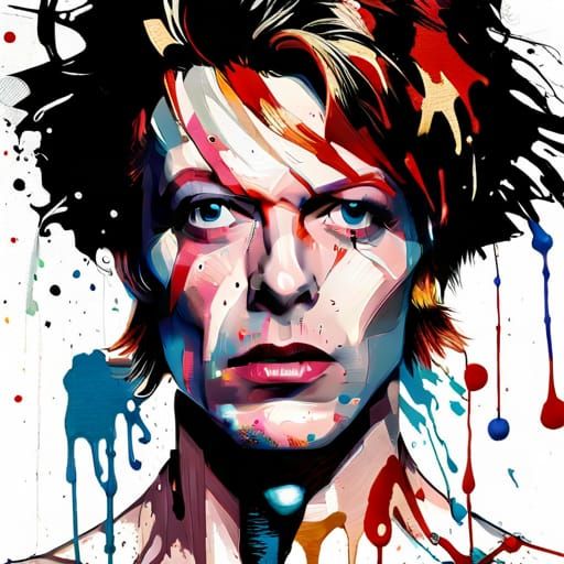 David Bowie Portrait with Dripping Paint, Oil on Canvas