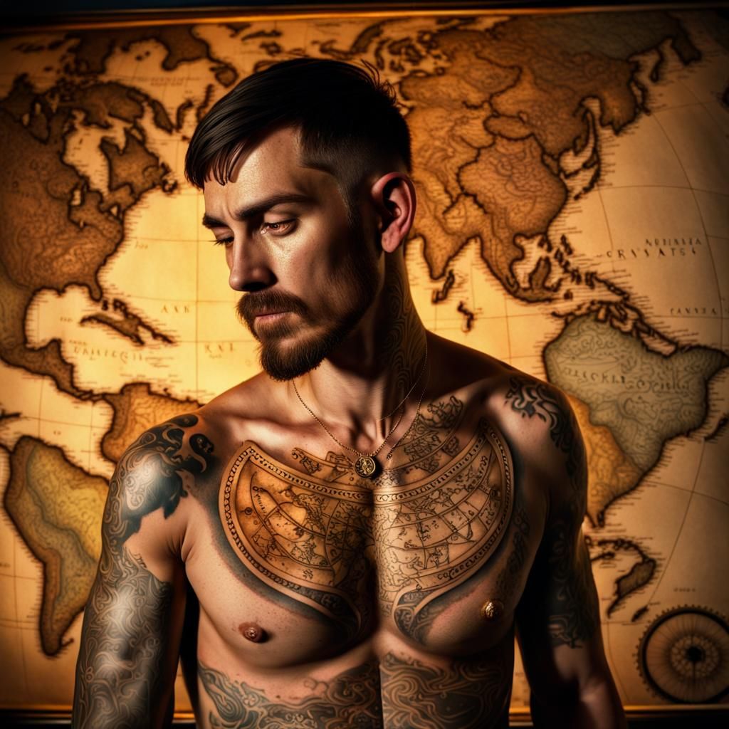 Man with Piri Reis Map Tattoos: Hyper-Realistic Portrait