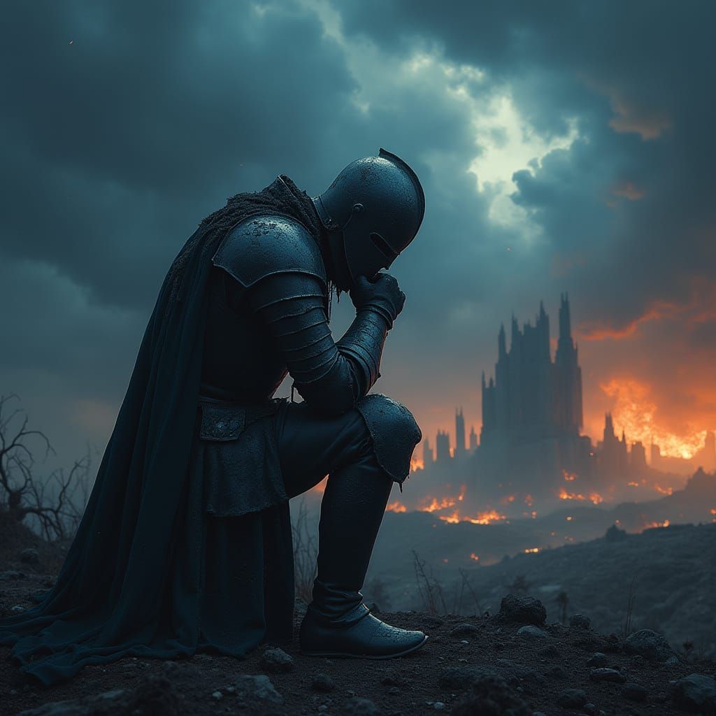 Sorrowful Knight in Desolate War-Torn Landscape