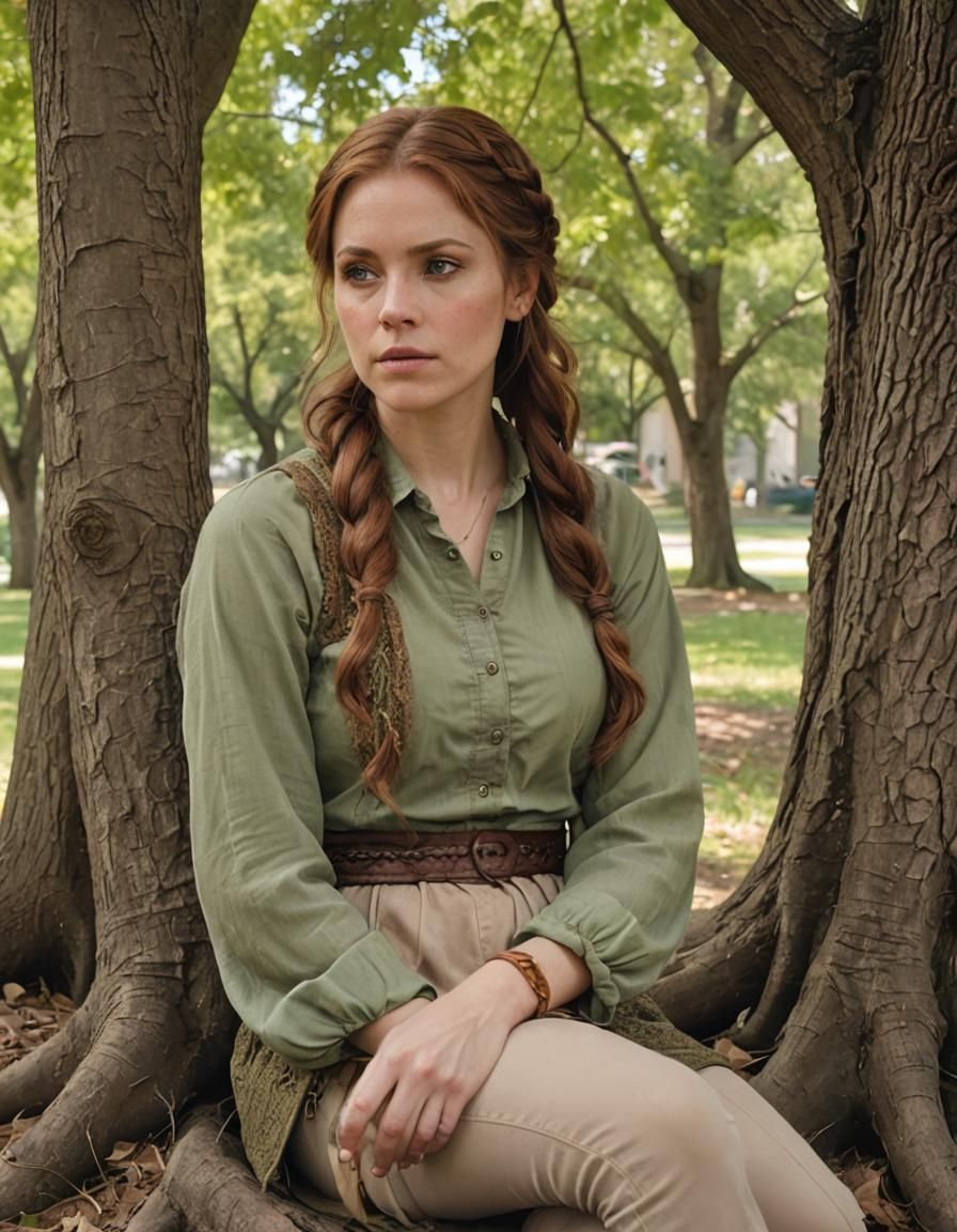 Woman with Auburn Hair Under Ancient Tree
