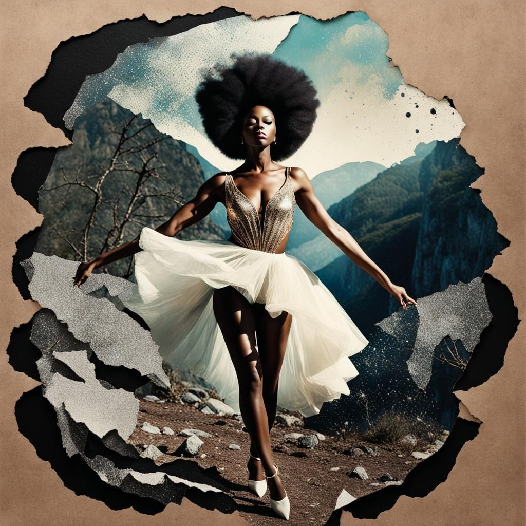 Surreal Black supermodel, vintage double exposure nature, mi...