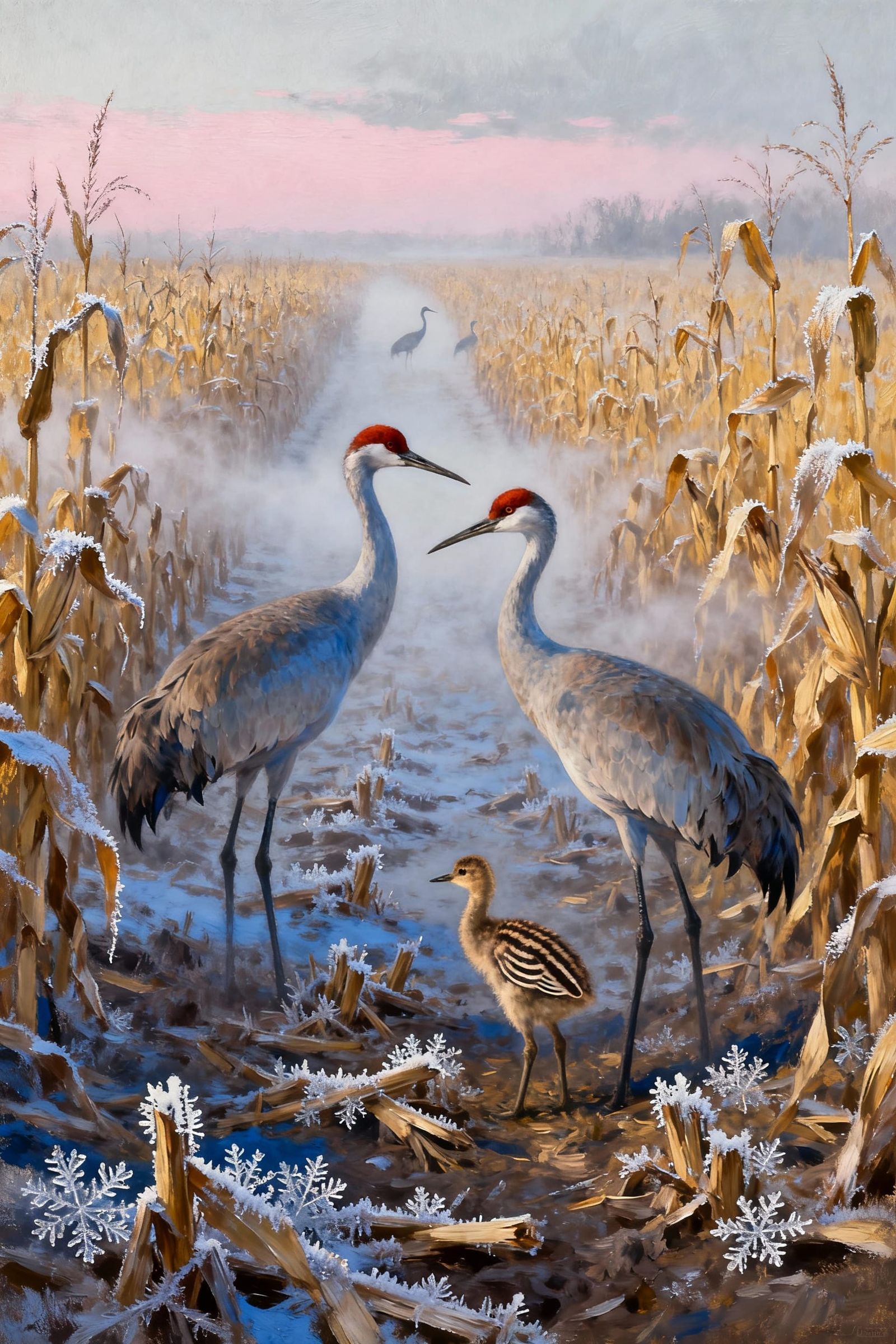 Sandhill Crane Family at Dawn in Corn Field