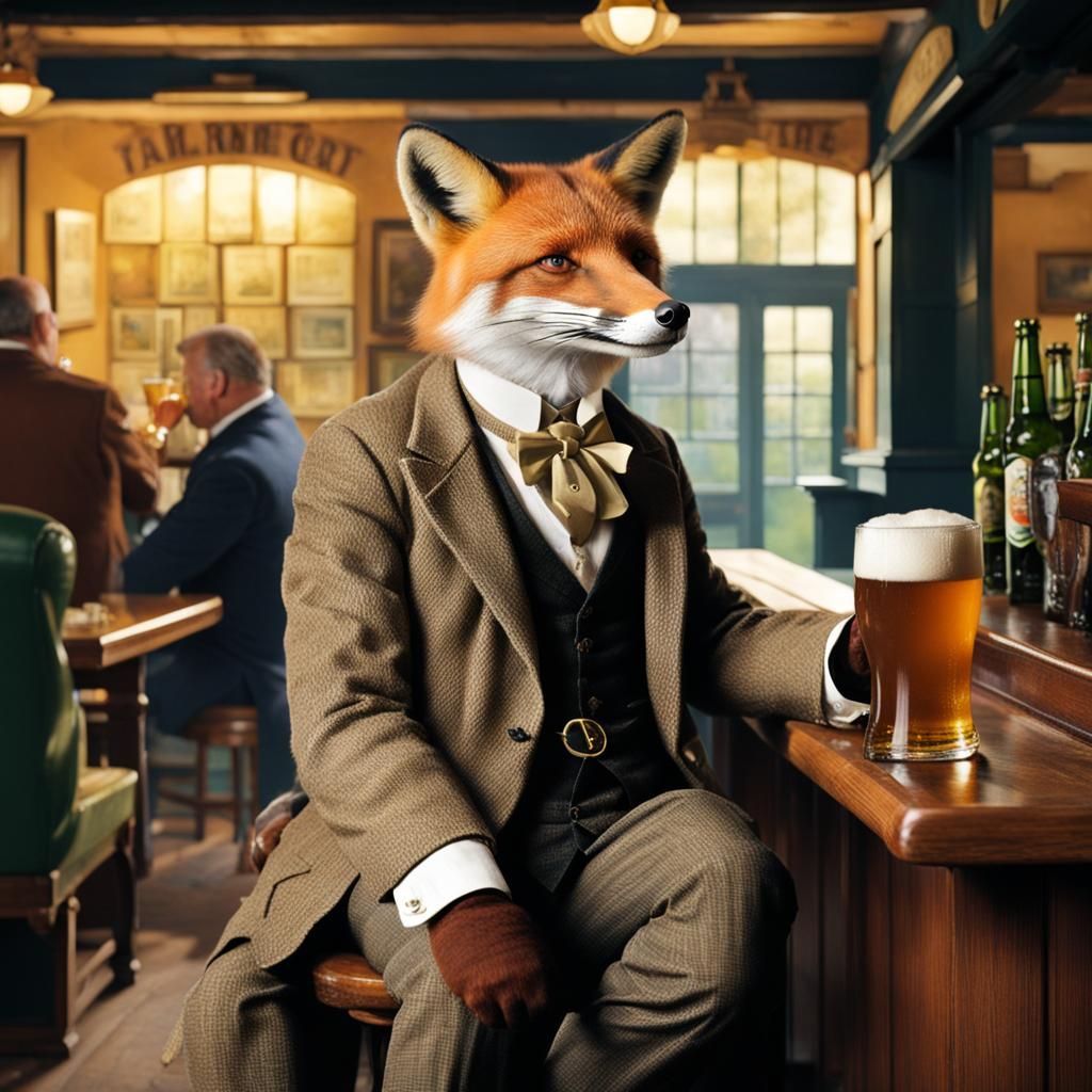 Fox in Country Suit at Pub, Monet Style