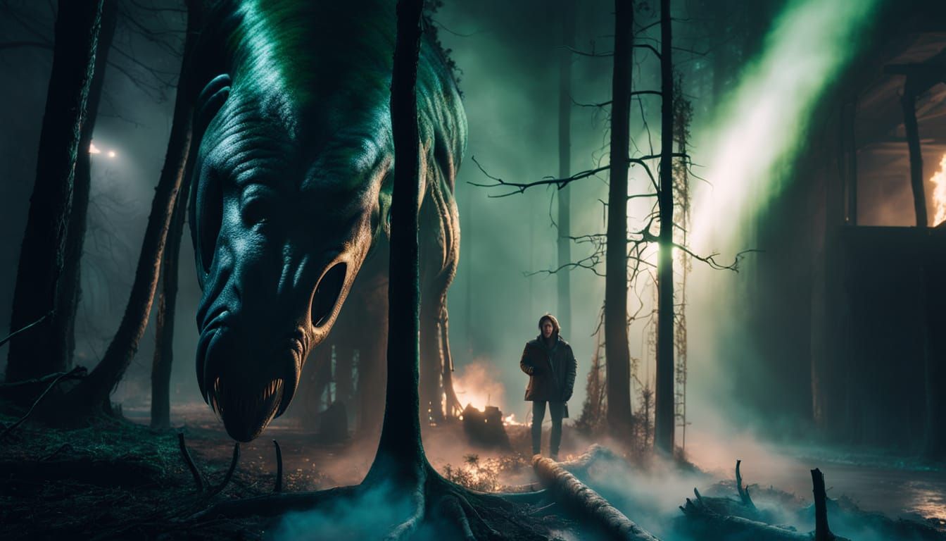 Alien in Eerie Forest with Glowing Mist