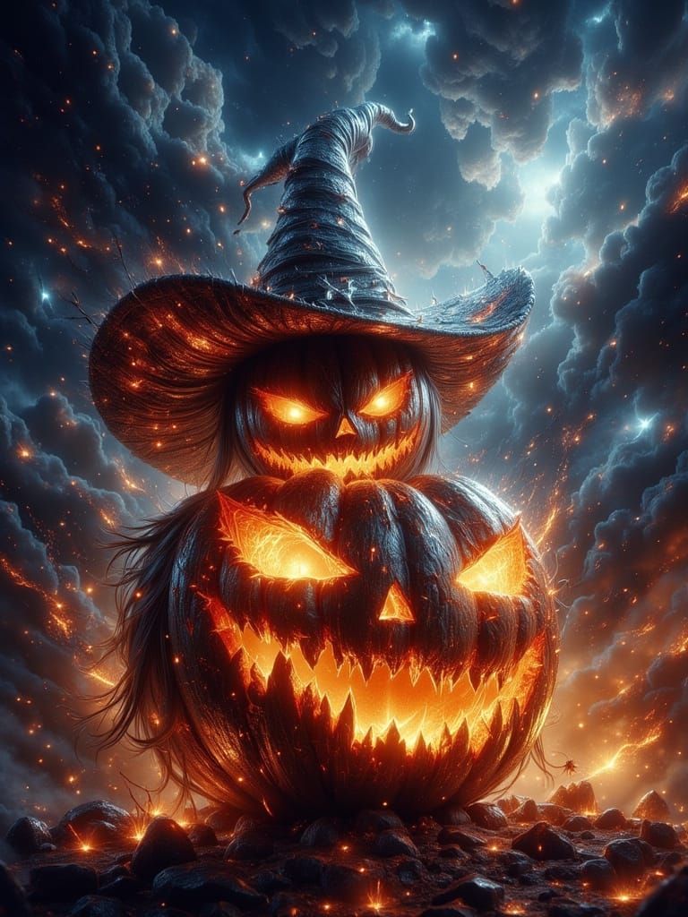 Glowing Halloween Pumpkin with Witch Hat in Psychedelic Scen...
