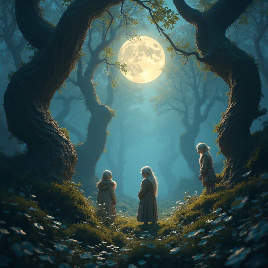 Enchanted Forest with Elves and Gnomes, Digital Art