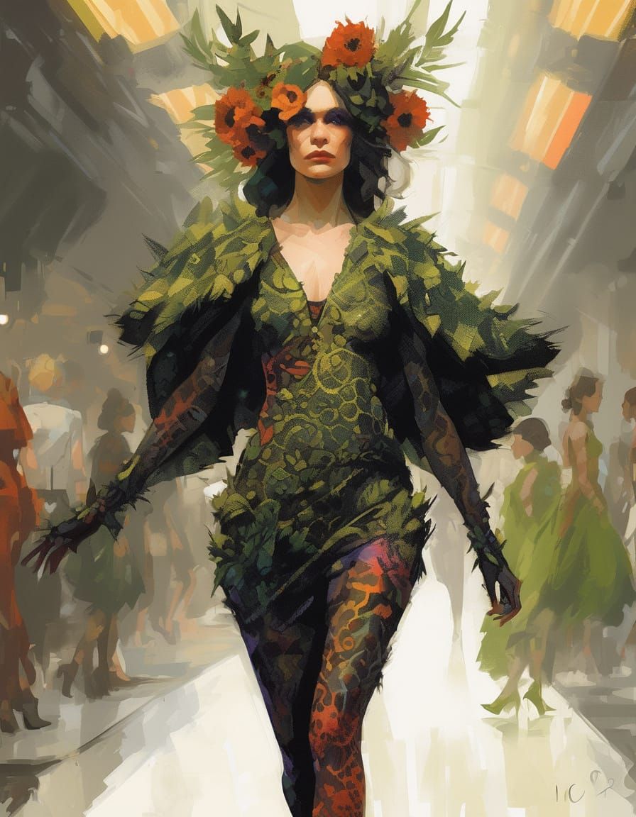 Fey Fashion Model Struts Down a Runway in Dark Botanical Ski...