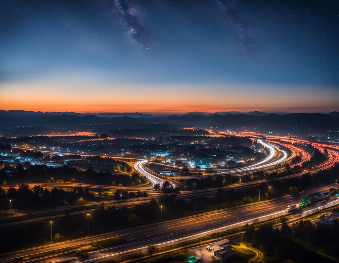 Night Highway Aerial View with Bokeh