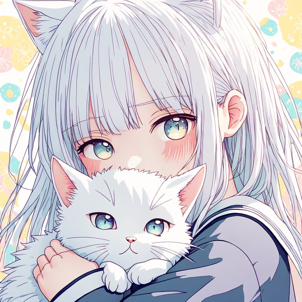 Anime Girl Hugs Kawaii White Cat in Japanese School Uniform