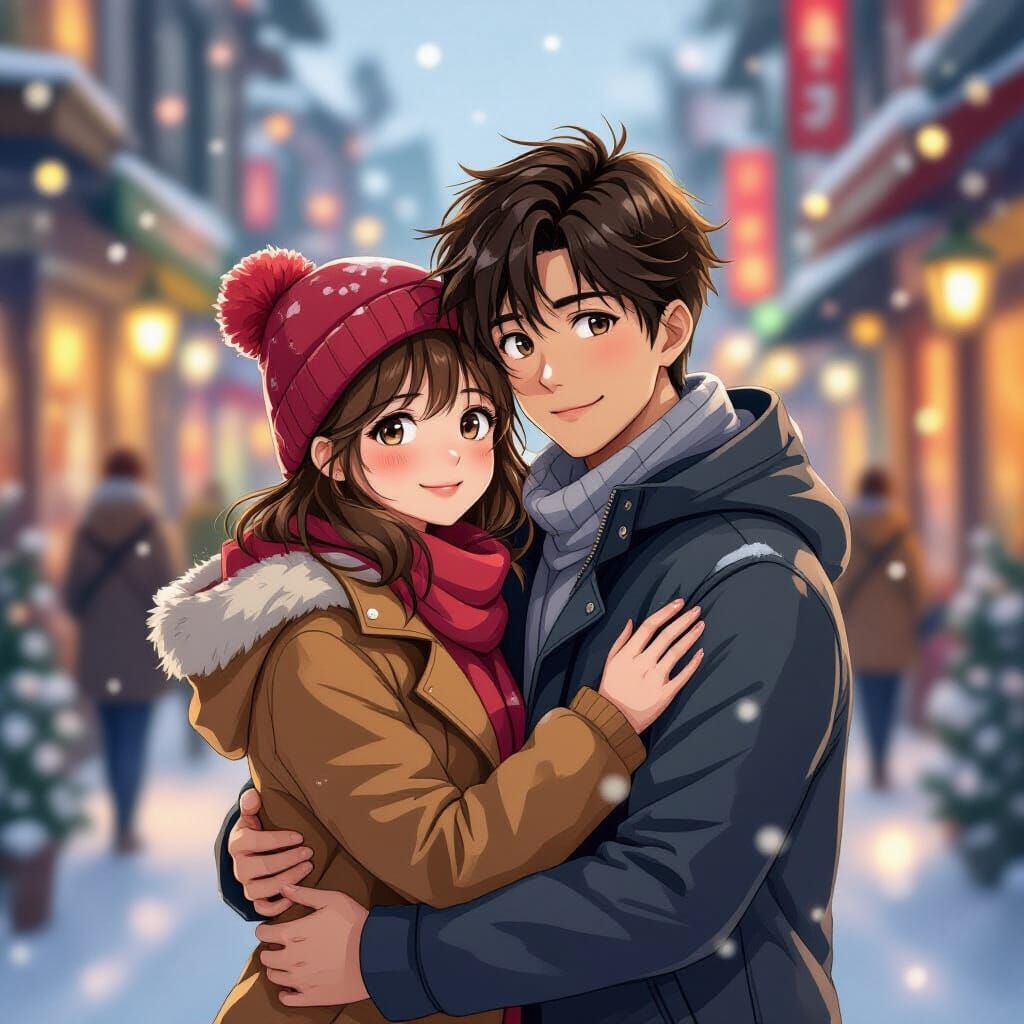 Anime Couple Embrace in Winter Landscape