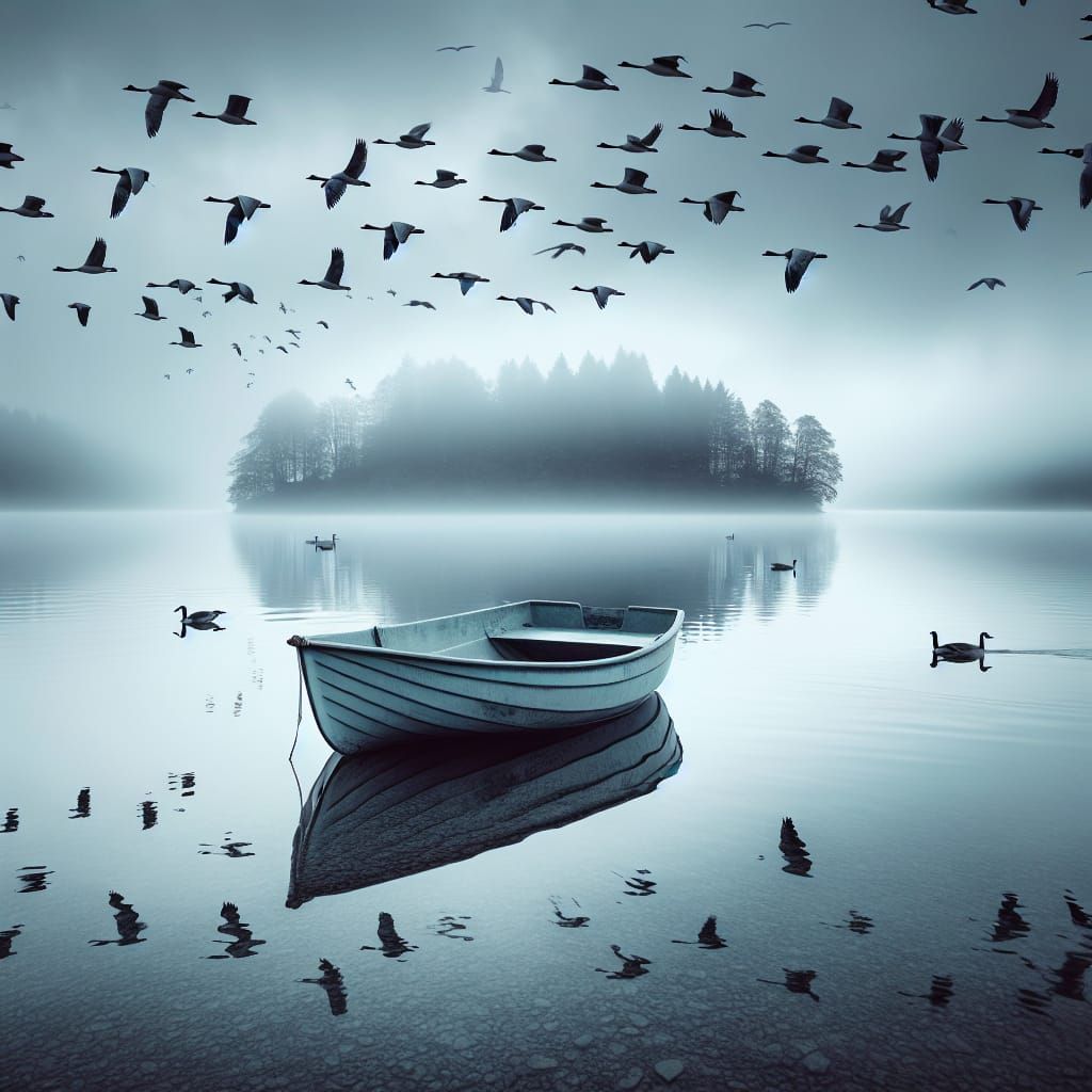 Autumnal Lake Scene with Migratory Birds