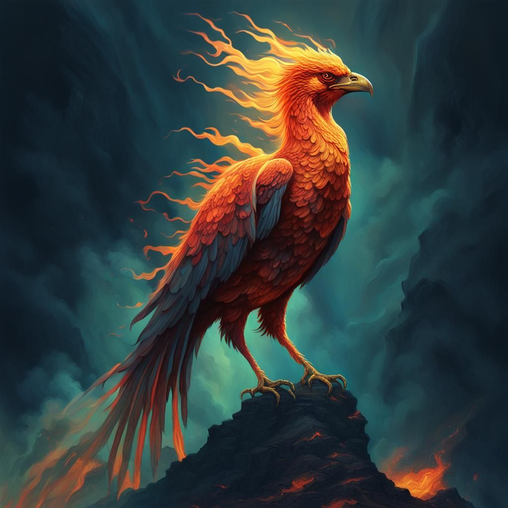 Phoenix Bird of Fire Over Blazing Mountains