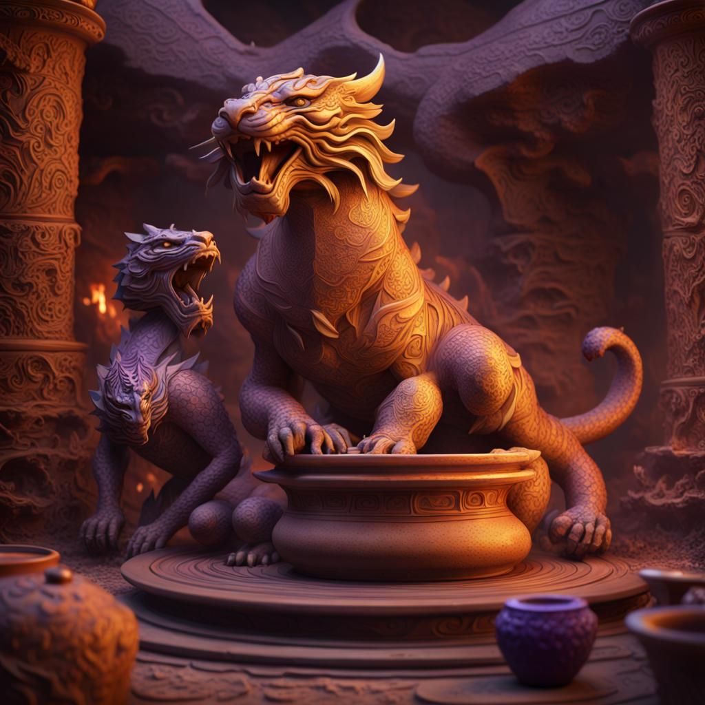 Dragon and Tiger Fight: Ancient Clay Pottery Masterpiece