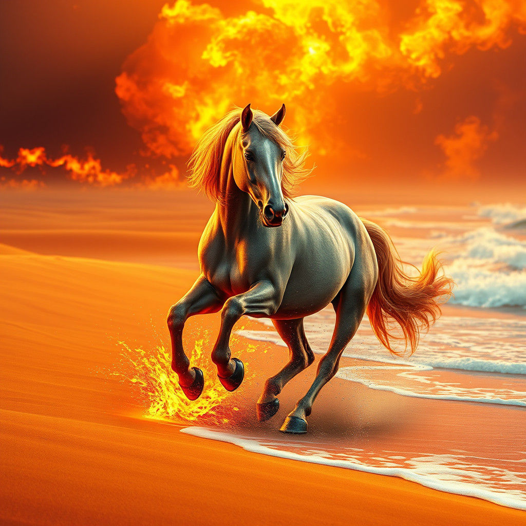Frisian Horse Galloping Through a Fiery Desert