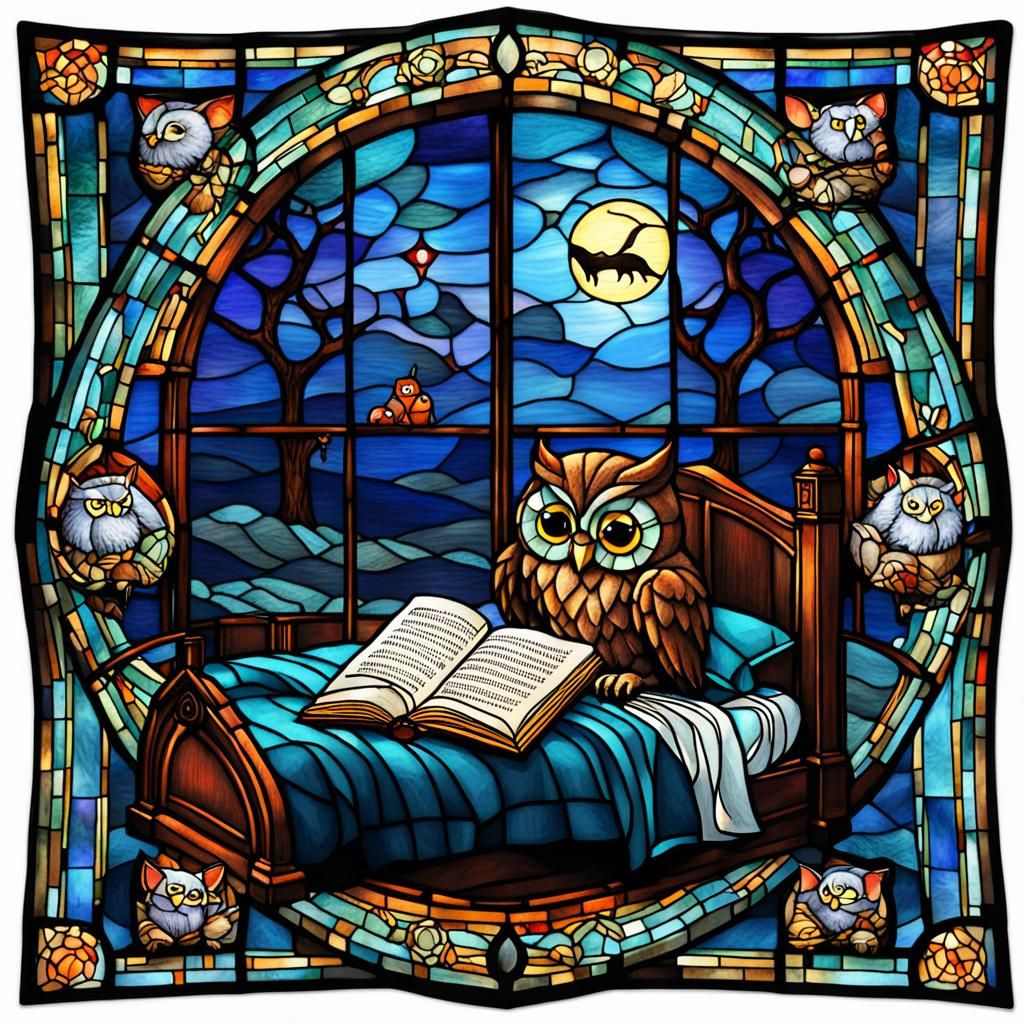 Tiffany Stained Glass: Owl Reading to Kittens