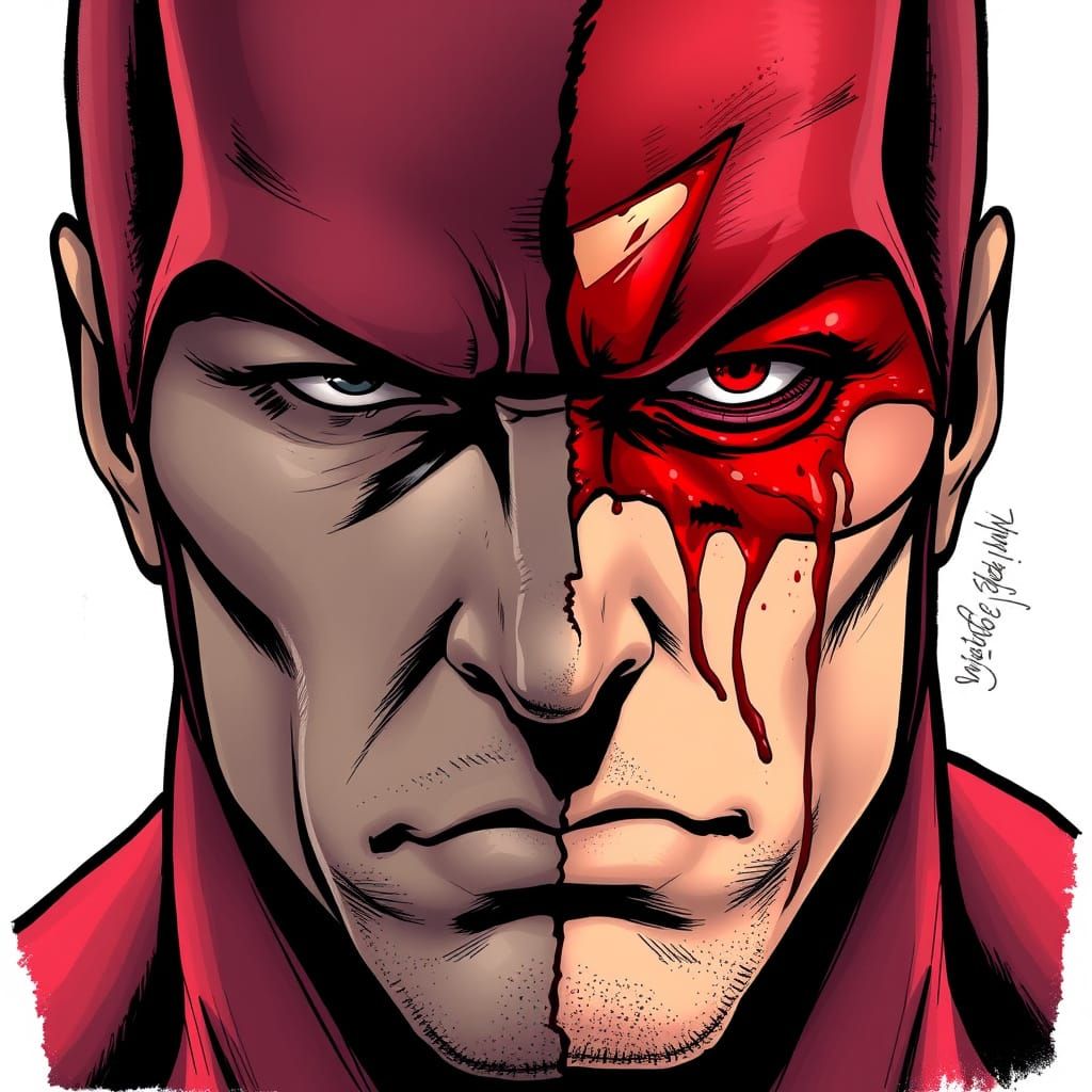 Gritty Daredevil Portrait with Blood-Soaked Right Side