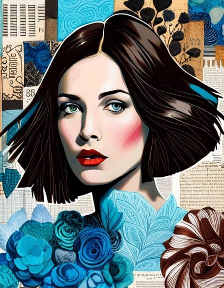 Brunette in Baby Blue: A Colorful Impasto Collage